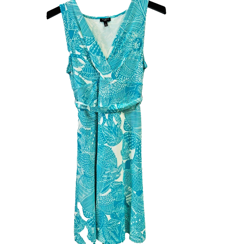 Talbots Sleeveless Summer Dress With Belt Size M Petite Teal & White Stretch